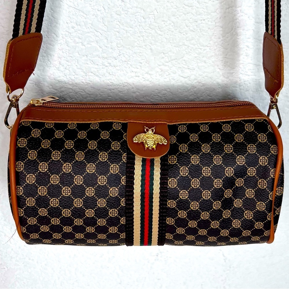 Bumble Bee Brown & Tan Vegan Leather Crossbody with Canvas Strap New - Picture 7 of 15